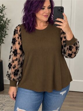 Shein Curve 3 Xl Brown Ribbed Blouse Sheer Sleeves